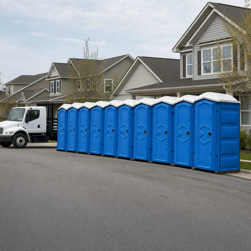 Royal blue portable toilets staged in a tidy row at a Los Angeles jobsite, ready for delivery